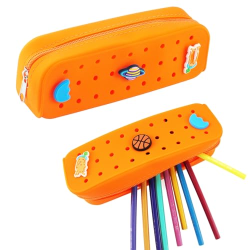1 Pack Cute Silicone Pencil Case Pencil Pouch with DIY Holes and 3 Decoratives(Random) Travel Makeup Brush Bag suitable for travel home7.81inch (Orange) - color: Orange