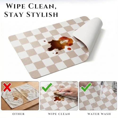Set of 6 Checkerboard Non-Slip Washable Placemats for Dining Table - color: Beige