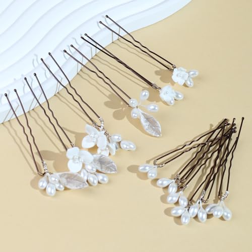 Handmade Pearl Bridal Wedding Hair Pins 12Pcs White Flowers Pearls Clips Wedding Hair Accessories for Women Brides Bridesmaid - color: Set-B-Bronze