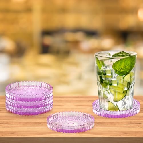 JUXYES 5 Pack Clear Purple Crystal Coasters Round Cup Mat, Glass Coasters for Drinks Coffee Tea Wine, Decorative Wine Bottle Coaster, Crystal Drink Coasters for Restaurant bar Kitchen Dining Table - color: Purple, size: 5 Pack