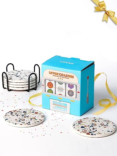 LIFVER Coasters Set of 6, Terrazzo Style Ceramic Drink Coasters with Holder - color: Terrazzo Marble, size: 6 Pack