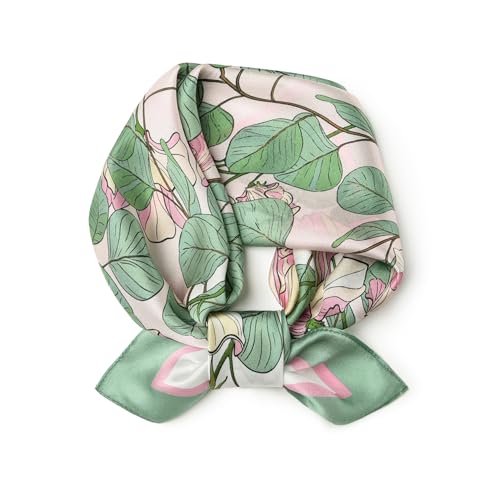 100% Mulberry Silk Scarf - 21" Square Lightweight Neckerchief, Gift Packed - color: Green-flowers