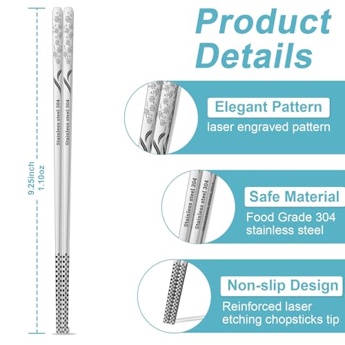 Reusable Metal Chopsticks, 304 Stainless Steel, 5 Pairs, 9.25 Inches