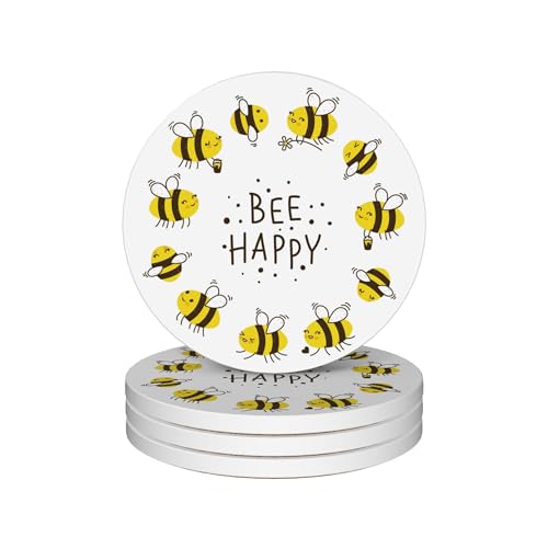 Bee Coasters Set of 4, Absorbent Ceramic with Cork Backing, Bee Happy Coaster Mats for Drinks, Ideal Gifts for Women Men - color: Bee Happy