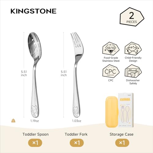 KINGSTONE 2 Pcs Toddler Utensils with Case, Stainless Steel, Cat & Dog - color: Cat & Dog, size: 2-Piece (Small)