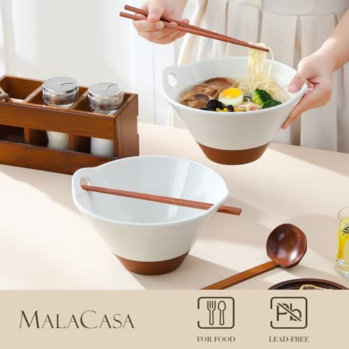 MALACASA 42 oz Ceramic Ramen Bowls with Chopsticks & Spoon, White & Khaki - color: Khaki White