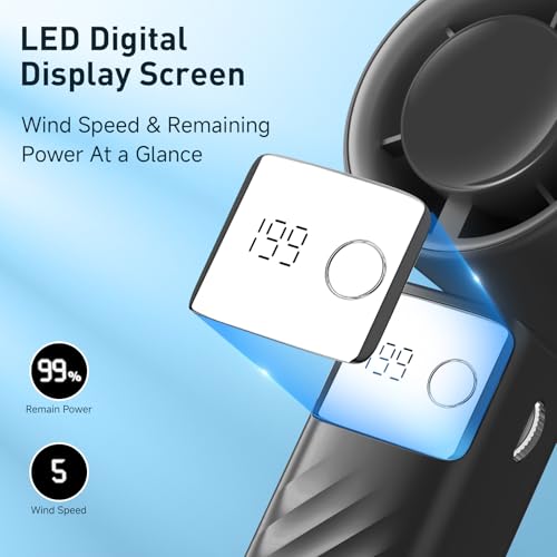 YOSHENMO Portable Handheld Turbo Fan - Foldable Mini Fan with Air Turbo Tech, 1-199 Speed Adjustment, 20H Runtime, LED Display, Battery-Powered for Indoor/Outdoor Use, Dark Black - color: Light Black, size: Small