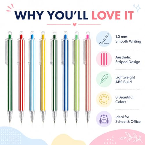 8 Pack Retractable Gel Pens 1.0 mm Striped Aesthetic School Supplies Smooth Writing Colored Ink Click Pen For Note Taking Cute Office Stationery Gift Set