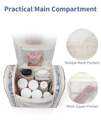 Narwey Hanging Travel Toiletry Bag for Women, Cosmetic Makeup Bag - color: B-Blue Leaf, size: Medium