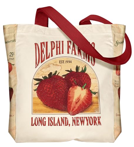 Miss Adola Aesthetic Heavy Canvas Tote Bag - with Pocket for Women Large Size 14''×16''×3.5'' Cloth Cotton Bags for Shopping - color: Strawberry Farms