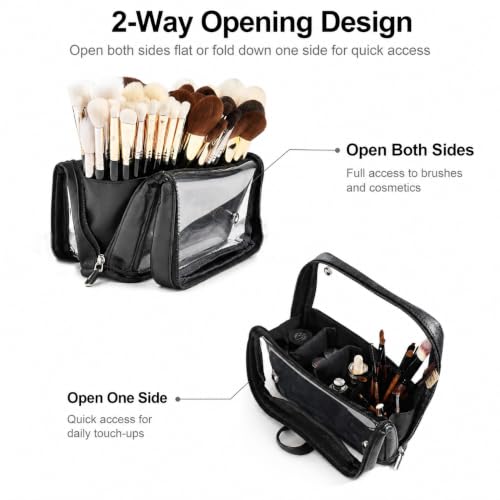 YDR Standing Makeup Brush Bag, PU Leather Cosmetic Organizer with Clear Window, Detachable Dividers and Brush Holder, Travel Makeup Organizer Case for Women, Beauty Storage - color: Black