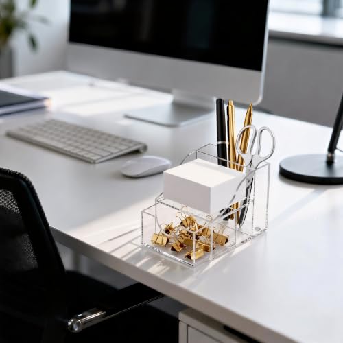 HBlife Acrylic Pen Holder for Desk, 3-Compartment Small Desk Organizer with Drawer, Clear Office Supplies Desk Accessories with Sticky Notes Holder Stores Post It Notes 3X3 for Office, Home and School - color: Clear, size: 3.46”x 4.57” x 3.46”