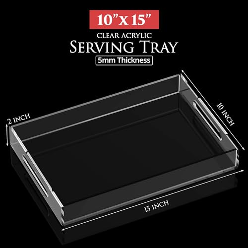 Acrylic Tray 15x10 with Cut Handles - Spill Proof Decorative Tray is an Ideal Countertop Organizer for Living Rooms, Ottoman Coffee Tables, Offices, Kitchens & Serving Guests - color: Transparent, size: 15" x 10" x 2"