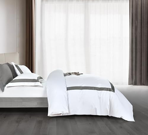 Duvet Cover Set 3 pcs(1 Duvet Cover+2 Pillowcases) 100% Cotton White Sateen Woven Hidden Zipper Closure Breathable Soft (Ray Grey, Full) - color: Ray Grey, size: Full