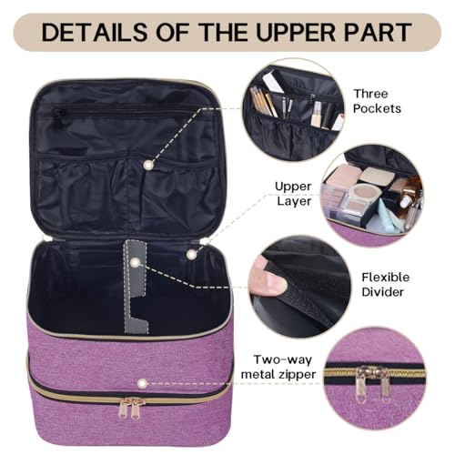 Double Layer Makeup Bag with Adjustable Dividers, Purple - color: Purple