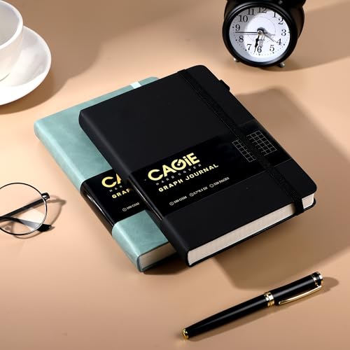 CAGIE Graph Notebook 320 Pages 100 GSM Paper Graphing Grid Journal A5 Hardcover Leather Quad Ruled Notebooks for Engineering, Math, Work, Black - color: Black, style: Graph A5