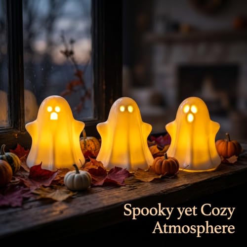 Ceramic Ghost Decor, Light Up Ghost Figurines for Halloween Decorations - color: Glossy White