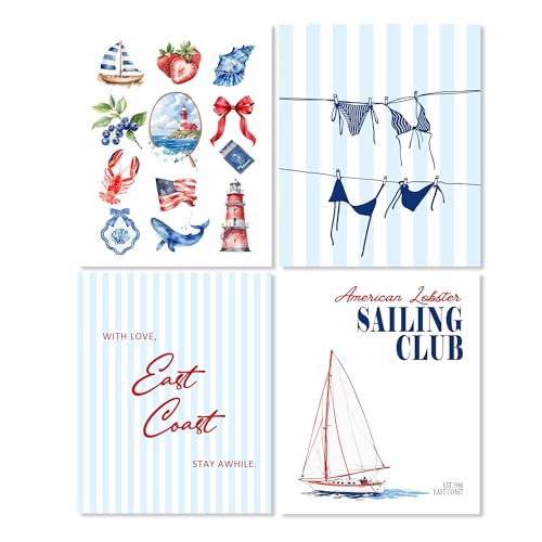 LUKIPOM Coastal Beach Nautical Wall Art Prints 8x10 Set of 4, Coastal Beachy Room Decor Aesthetic, Preppy Beach Bikini East Coast Nautical Wall Art Posters for Home Bedroom Living Room Decor, Unframed - color: Color 005