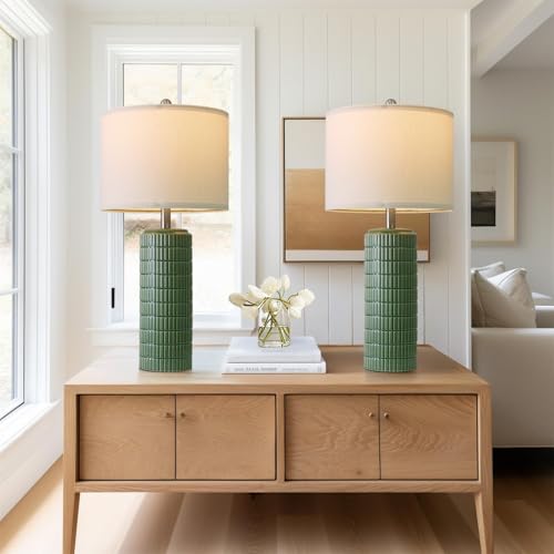 PoKat 27.5" Dark Green Ceramic Table Lamps for Living Room, Farmhouse Table Lamps Set of 2 for Bedroom Night Stands, Modern Bedside Lamps for End Side Table, Vintage Nightstand Decor Lamps Home Office - color: Green