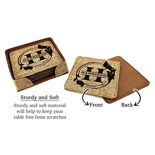 Smile Art Design Family CUSTOM Monogram COASTER Set of 6 with base Square Burlap Material Family Name and Date Personalized Prints Personalized Gifts House warming Wedding Gift Rustic Decor Style1 - color: Style 01, size: Set of 6 - Square Coaster
