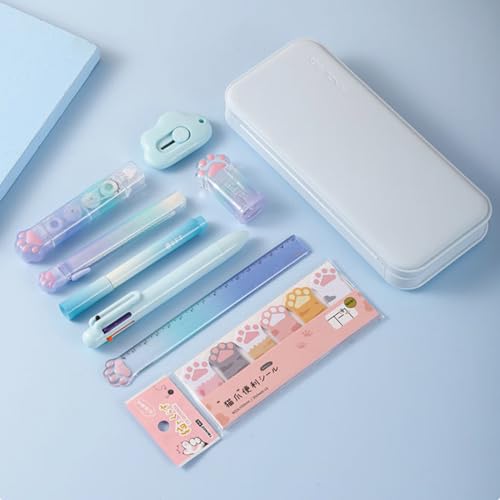 MOZXIRZ 9 Pcs Cute Blue Stationery Set Cat Paw School Supplies Kawaii Office Supplies Including Pens Highlighter Pencil Sharpener Eraser Correction Tape Ruler Sticky Flag Tabs (Gradient Blue) - color: Gradient Blue
