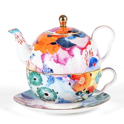 KAMMAK Tea for One Set, Ceramic Teapot, Bone China Tea Set, Cup and Saucer - color: Colorful-XY2