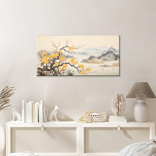 NAN Wind Asian Wall Art Traditional Chinese Painting Oriental Yellow Plum Blossom Canvas Pictures for Wall Decor Home decor for Living Room Cherry Blossom Decor Landscape Artwork Framed Ready to Hang - color: Yellow Blossom-One Piece, size: 16"L x 8"W