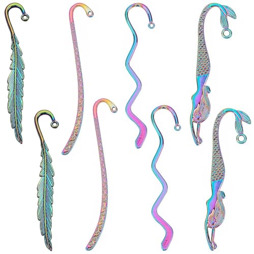 SUNNYCLUE 1 Box 8Pcs Bookmark Hooks Bulk Metal Hook Bookmarks Beading Antique Tibetan Alloy Vintage Book Mark Clip Back to School Book Marks for Crafting Jewelry Making Charm DIY Craft - color: 8pcs 4 Styles Rainbow Color Hook Bookmarks