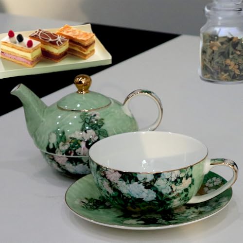 Porcelain 13 OZ Tea for One Teapot and Cup Set Vintage Floral Ceramic Tea Set European Style Tea pot and Saucer Set (White Roses) - color: White Roses