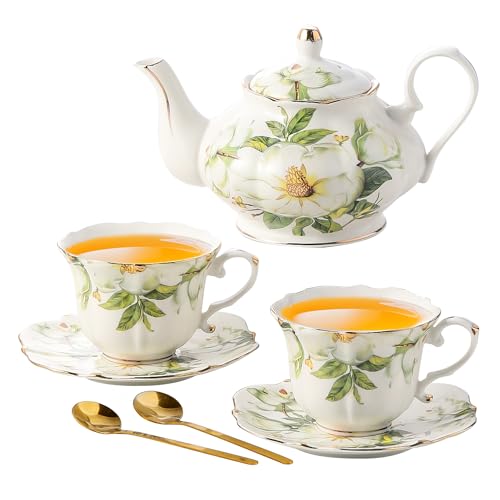 TATSUMI Country Roses Porcelain Tea Set, European Ceramic tea set for one or two,Vintage Style, For Women and Tea Parties (Green, 7 Pieces Set) - color: Green, size: 7 Pieces Set