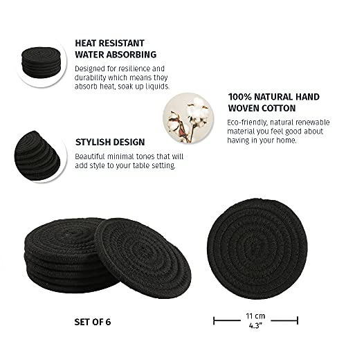 OrganiHaus Drink Coasters Set of 6, Absorbent Cotton Woven Cup Coasters, Rustic Farmhouse Boho Decor for Coffee Table and Drinks Protection, Cute Coaster for Drinks, Coaster for Office Desk - Black - color: Black