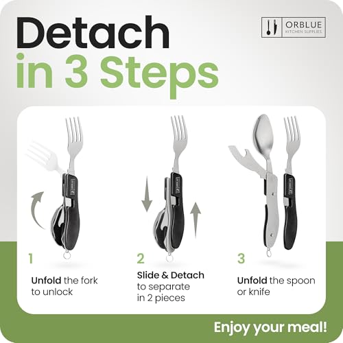 Orblue 4-in-1 Camping Eating Utensils, 2-Pack - Portable Spoon, Fork, Knife & Bottle Opener Combo Set - Stainless Steel Flatware with Detachable Fork - Travel, Backpacking Cutlery Multitool, Black - color: 2-PACK Boundless Black