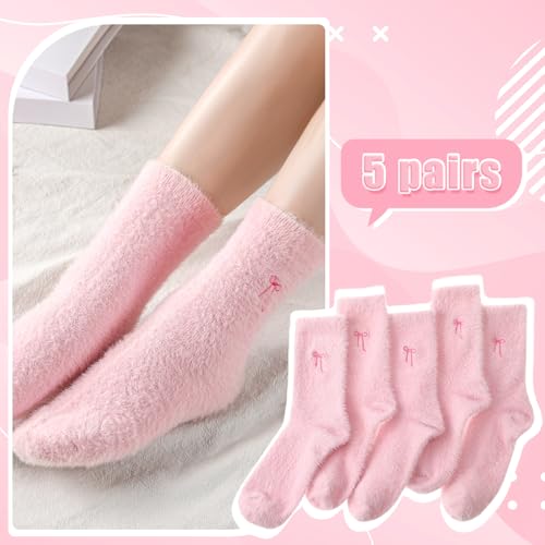 Geyoga 5 Pairs Fuzzy Bow Socks for Women Fluffy Slipper Gift - color: Pink