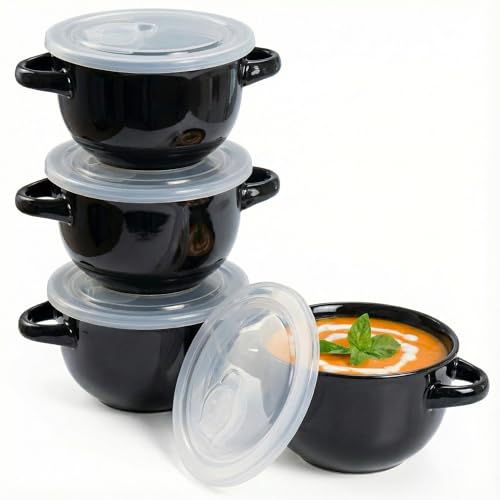KooK French Onion Soup Crocks with Lids & Handles, Set of 4, Black - color: Black