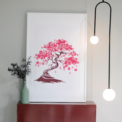 MAYJOYDIY 2pcs Cherry Blossoms Stencils 11.8×11.8inch Large Blooming Stencil with Paint Brush Square Japanese Style Drawing Template for Wood Walls Canvas Furniture Crafts Art Projects - color: Cherry Blossoms