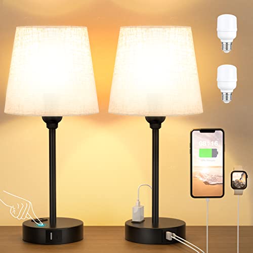 Bedside Table Lamps Set 2 for Bedroom - Dimmable Touch, USB C+A, AC Outlet - color: Beige