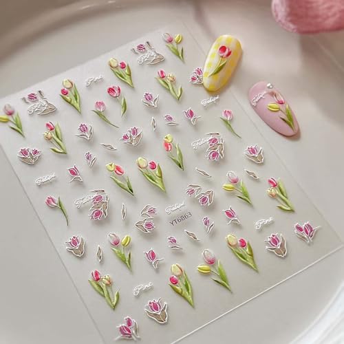 3D Bloom Tulip Nail Stickers,Flowers Nail Art Stickers for Nails Press on, Decals for Spring Nails, French Manicure Decals Supplies and Design Sticky tabs Tools for Women, 2 Sheets