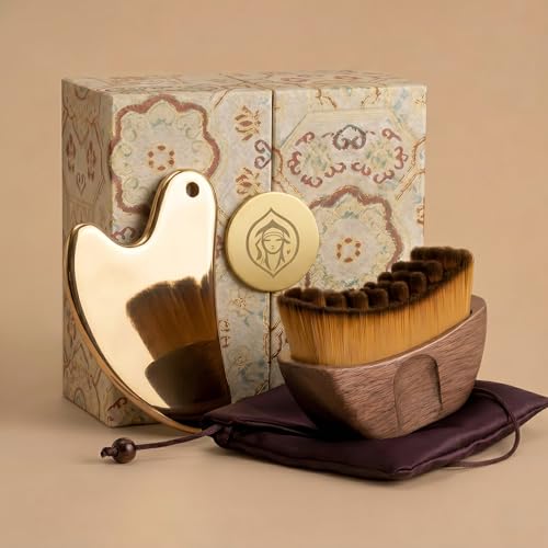 Lymphatic Contour Facial Brush Set with Gold Stainless Steel Gua Sha - color: Combo Set