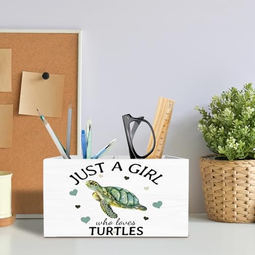 Coastal Beach Sea Turtle Pen Holder for Desk, Gifts for Turtle Lovers Pencil Organizer, Just a Girl Who Loves Turtles Wooden Box Sign Desk Decor for Home Office Decoration - color: TURTLES