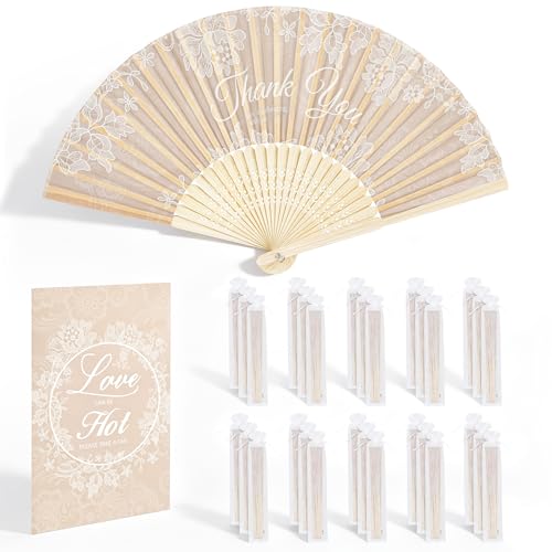 Aneco 30 Sets White Lace Wedding Folding Fans, Bamboo Handheld Folding Fans with Organza Bags Table Sign, Thank You Vintage Silk Handheld Fan for Bridal Shower Wedding Party Decorations - color: White Lace