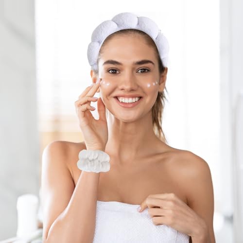 Beleki Spa Headband for Washing Face Wristband Set Sponge Headband Makeup Skincare Face Washing Headband Terry Cloth Bubble Puffy Hairband Non Slip Headwear Hair Accessory for Women - White - color: White