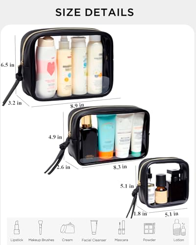 3Pcs Travel Clear Makeup Bag Set for Women, Transparent Toiletry Bag with Zipper Portable Makeup Pouch Organizer Waterproof Small Cosmetic Bag Compact Car Bag Organizer Car Accessories (Black Set) - color: Black Set