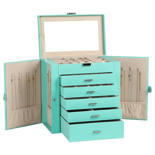 Frebeauty 6-Layer Jewelry Box for Women,Large Jewelry Organizer with Drawer - color: Turquoise, size: Large