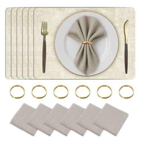 Placemats Set of 6 with Napkins and Rings - Washable Faux Leather Table Mat - color: Beige, size: Placemats Set of 6