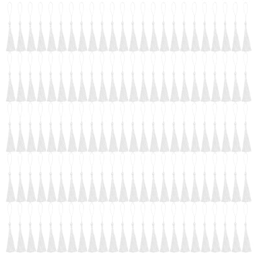 NACHLYNN 120 Pcs Bookmark Tassels Bulk 13cm/5 Inch Silky Handmade Soft Craft Mini Tassels for Jewelry Keychain Making with Loops for Dress Decoration DIY Craft Accessory (White) - color: White