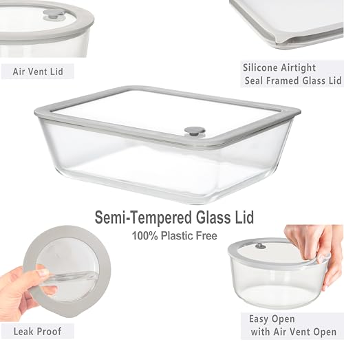Glass Food Containers with Glass Lid, Microwave Safe Food Storage Container Set, 2 Pack of 87oz, Large Size Airtight Storage Set with Leak Proof Lids, Meal Prep Containers - color: Grey-2RL