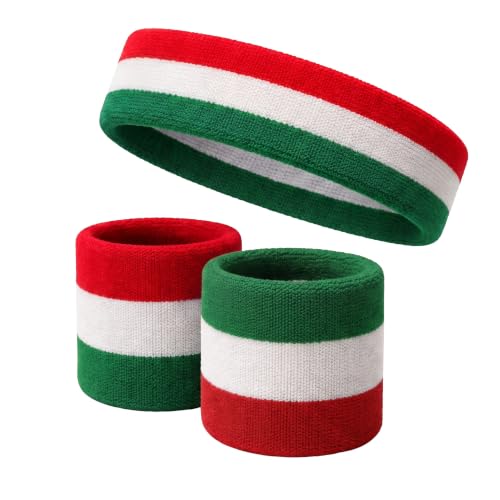 COUVER 3 Color Striped Sports Sweatband Set - color: Green/White/Red