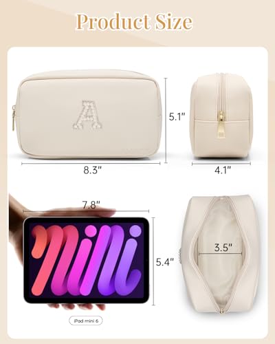 VLANDO Makeup Travel Bag with Pearl Monogram Patch,Beige A - color: 03-White-A
