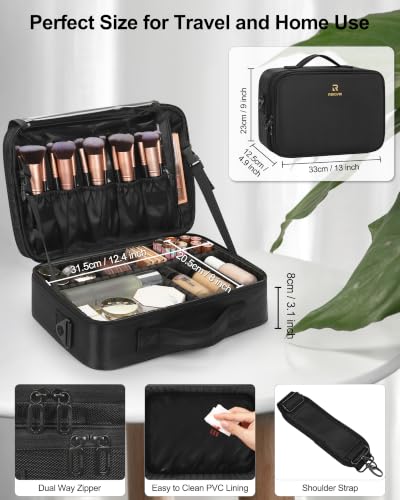 Relavel Makeup Bag Travel Makeup Train Case Large Cosmetic Case Professional Portable Makeup Brush Holder Organizer and Storage with Adjustable Dividers and Shoulder Strap Black - color: Black, size: Medium