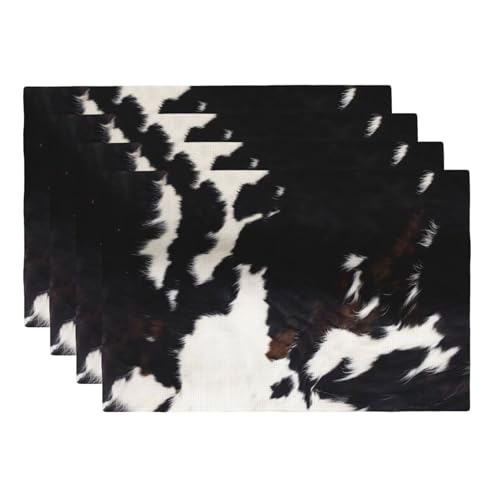 Cowhide Print Placemats Rectangle Linen Table Placemet Set of 4 - color: Black White Brown, size: Set of 4